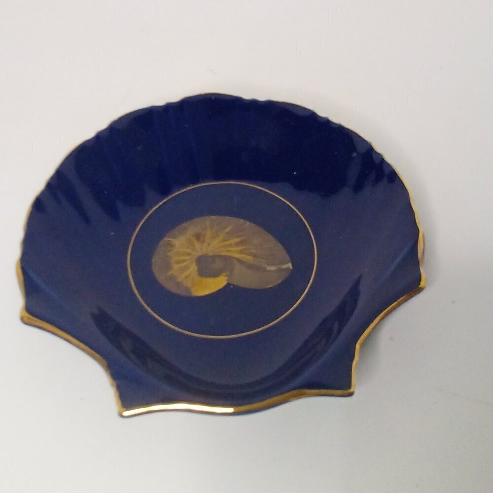 Nautilus Otagiri Japan Trinket Dish Seashell Shell Shape Blue Gold Trim
